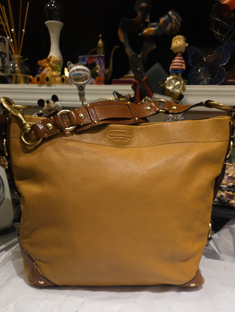 Coach Tan Leather Shoulder Bag with Brown Trim and Brass Hardware